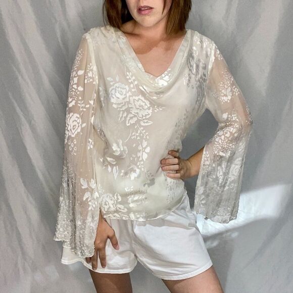 Adrianna Papell Beaded Evening Essentials Long Sleeve Rayon Silk Blouse Floral M - Picture 1 of 14